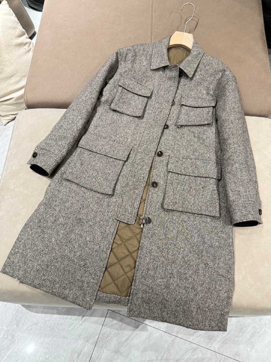 ライトブラウンL★送料無料★ブルネロクチネリ★レディース ウール混紡 ロングコート, キルティング裏地付き, マルチポケット拍卖