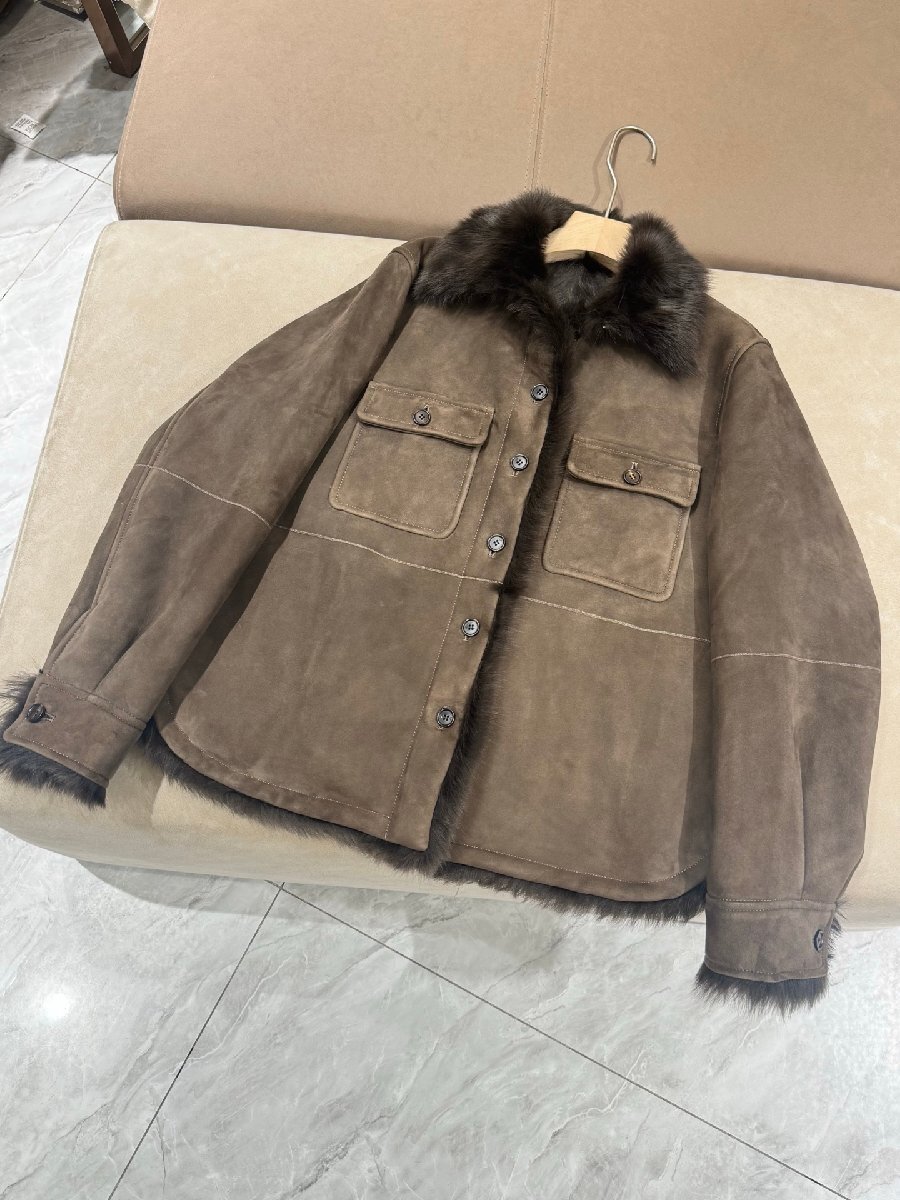 グレー42★送料無料★ロロピアーナ Loro Pianaレディーストスカーナシープスキン ファー付き コート, スエードレザー, ウール裏地拍卖