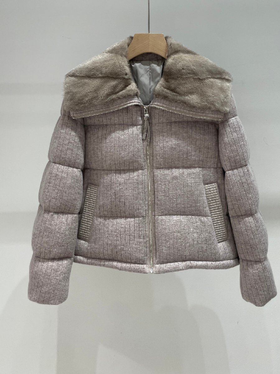 グレーM★送料無料★ブルネロクチネリ★レディース ラグジュアリーダウンコート, ミンクファー襟付き, 90%グースダウン, ニットウ拍卖