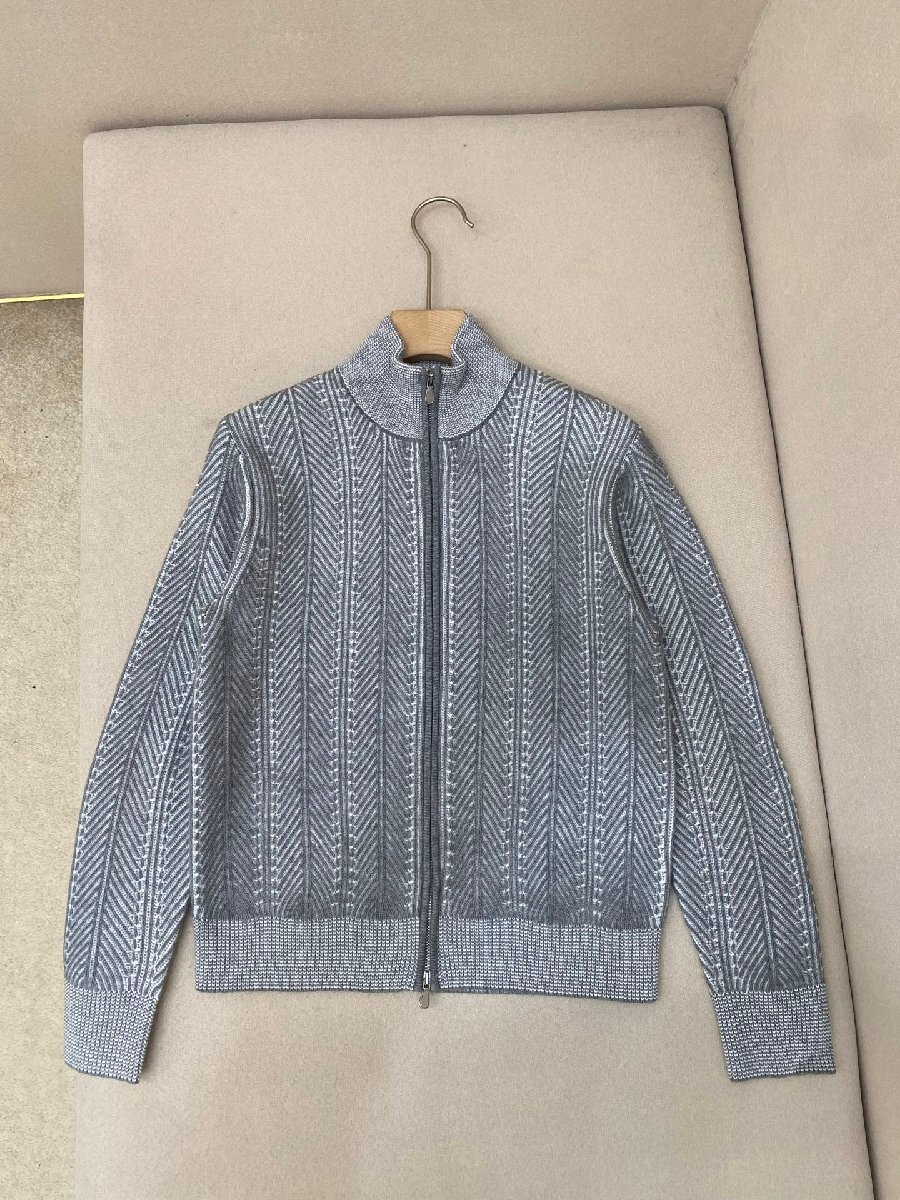 グレーL★送料無料★ブルネロクチネリ★メンズ カシミヤ ジップアップ カーディガン, ヘリンボーン柄 ダブルニット, 秋冬 通勤スタイル拍卖