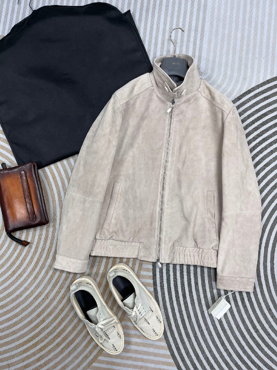 ベージュM★送料無料★ブルネロクチネリ メンズスタンドカラー スエードレザージャケット, 羊革, カジュアルフィット拍卖