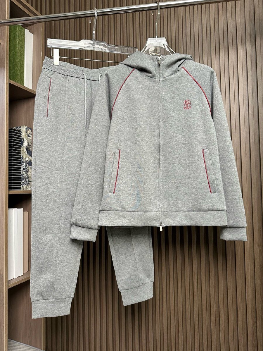 グレーXL★送料無料★ブルネロクチネリ★メンズ スポーツウェア セットアップ, フード付き ジャケット&パンツ, ビジネスカジュアル拍卖