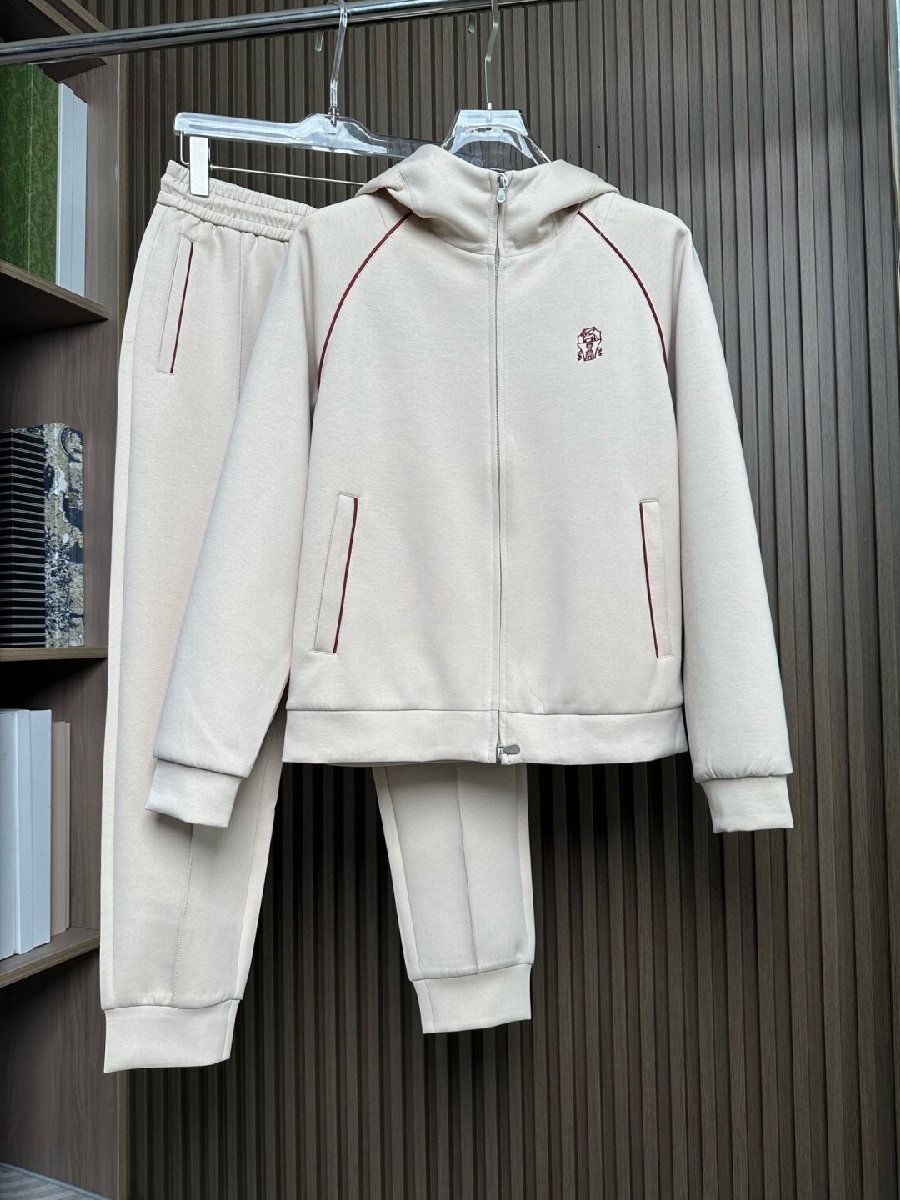 ホワイトM★送料無料★ブルネロクチネリ★メンズ スポーツウェア セットアップ, フード付き ジャケット&パンツ, ビジネスカジュアル拍卖