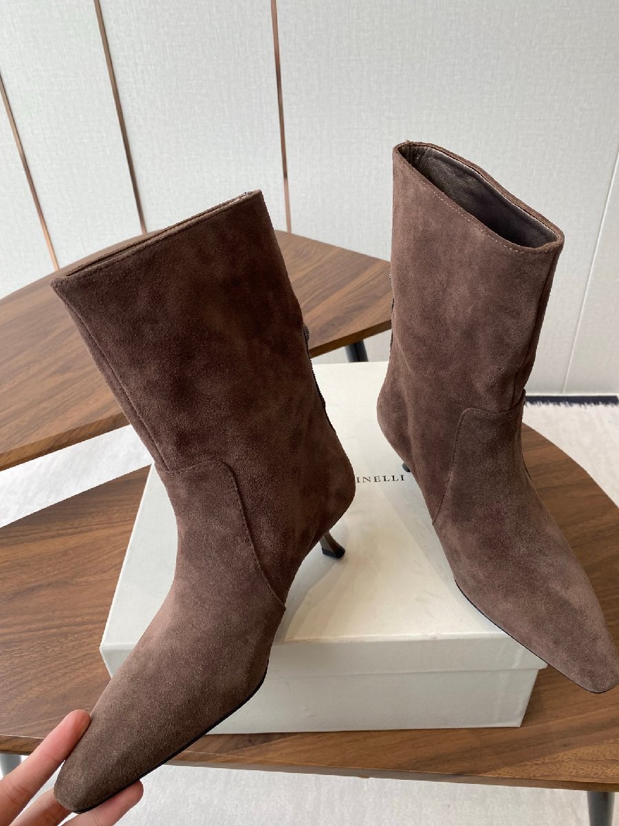 ダークブラウン24.5cm★送料無料★ブルネロクチネリレディース スエード ショートブーツ, キトンヒール, ポインテッドトゥ, 本革ソール拍卖