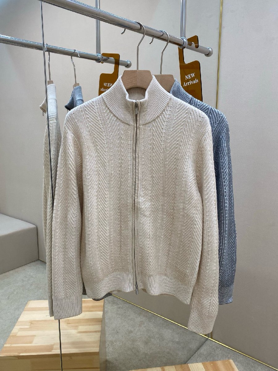 ベージュM★送料無料★ブルネロクチネリ★メンズ カシミヤ ジップアップ カーディガン, ヘリンボーン柄 ダブルニット, 秋冬 通勤スタイル拍卖