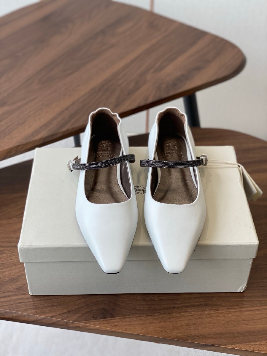 ホワイト22.5cm★送料無料【新品】★ブルネロクチネリ★レディース フラットシューズ, スクエアトゥ, 本革, ストラップ付き拍卖