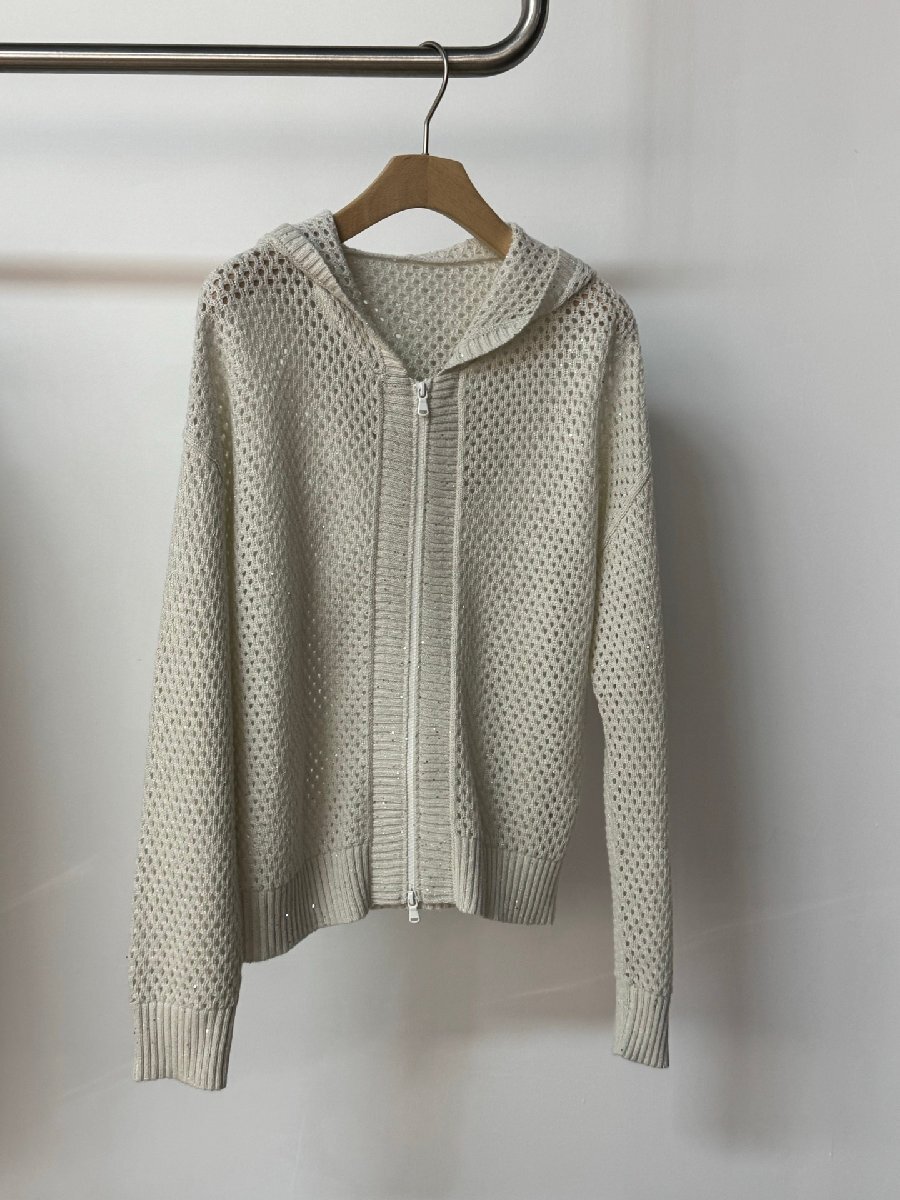 ベージュS★送料無料【新品】★ブルネロクチネリ★レディース フード付き メッシュ編みジップアップ ニットカーディガン, 透かし,ウール混拍卖