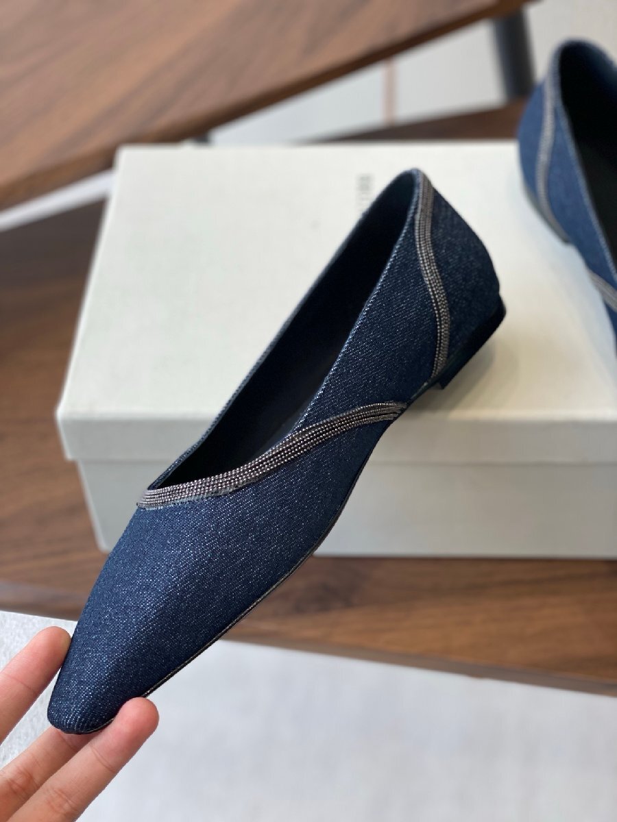 ネイビー 23.0cm ★送料無料【新品】★ブルネロクチネリ★レディース フラットシューズ, グフェルト素材, ビジュートリム付き, ポインテッ拍卖