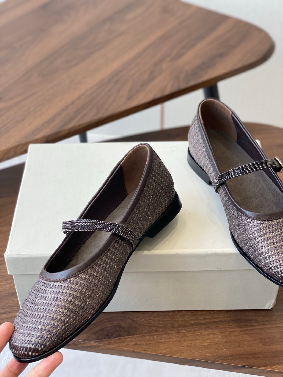 ダークブラウンブラウン24.5cm★送料無料【新品】★ブルネロクチネリ★レディース ラフィア メリージェーン フラット シューズ, ビーズ装飾拍卖