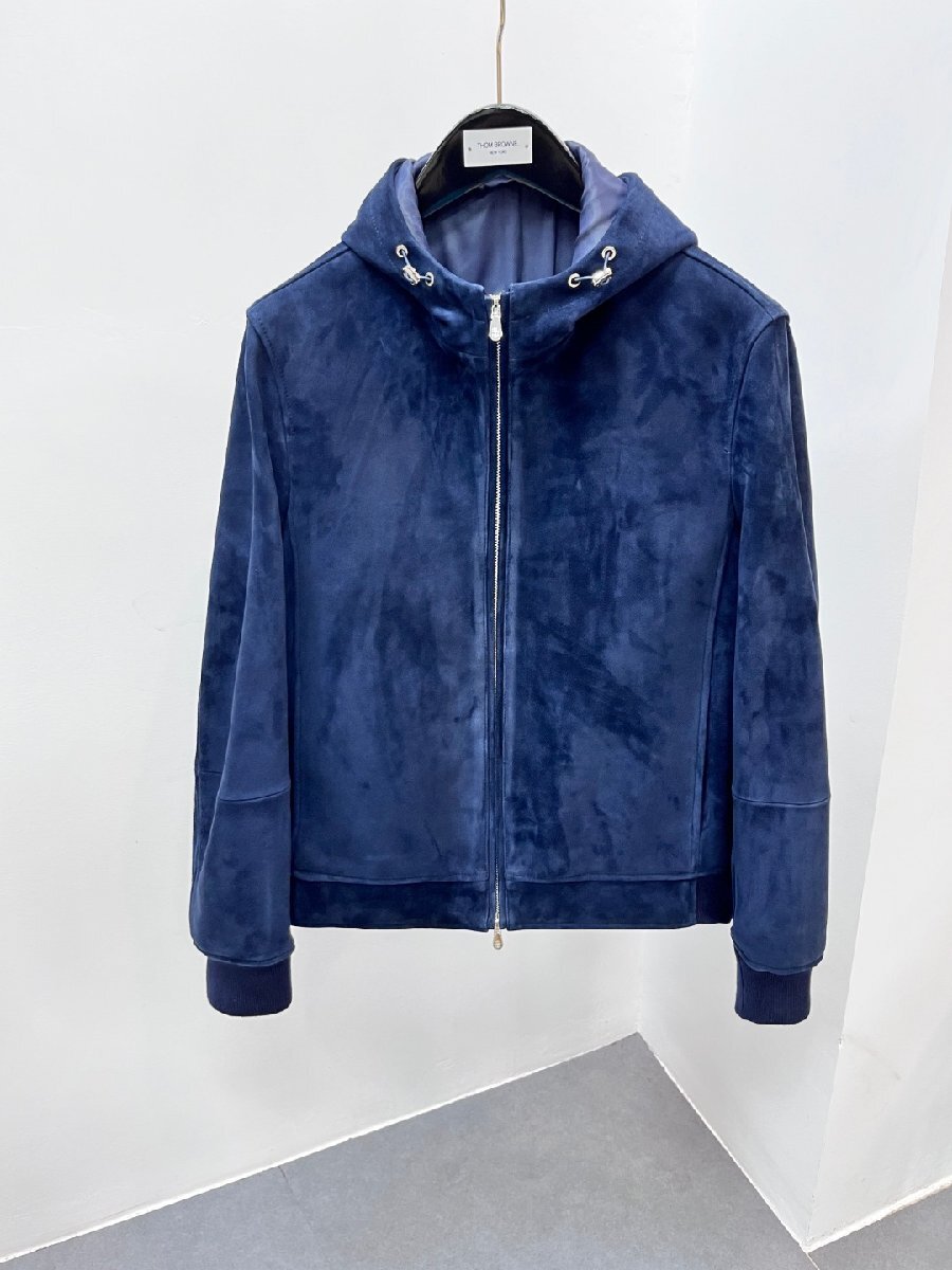 ネイビー52★送料無料★ブルネロクチネリ★ BRUNELLO CUCINELLI★メンズスエードジャケット、ジップアップフード付き、山羊皮混種拍卖