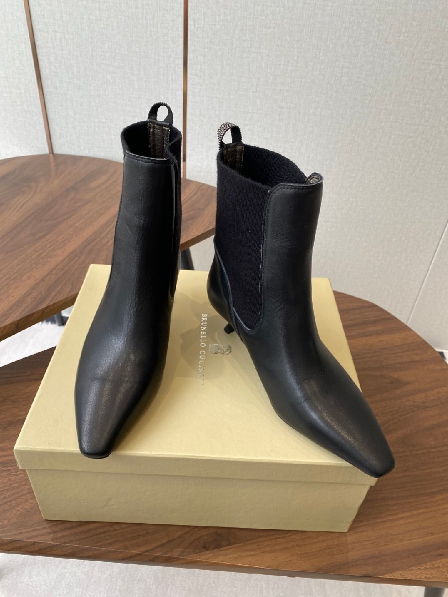 ブラック23.0cm★送料無料★ブルネロクチネリ★レディース ポインテッドトゥ チェルシーブーツ, 本革 , キトンヒール, エレガントスタイル拍卖