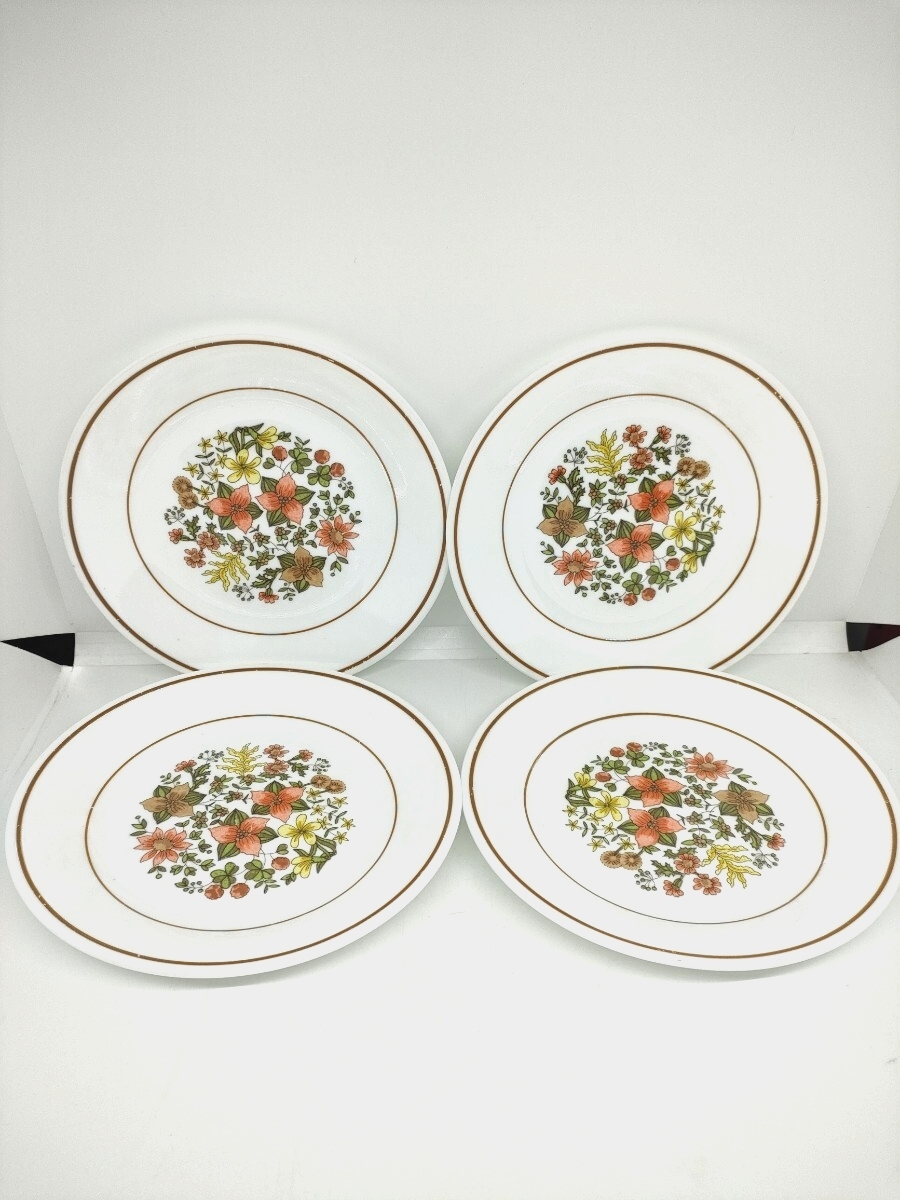 4枚◆コレール◆Corelle【レトロ花柄プレート皿 ブラウン系】CORNING by USA コーニング◆アンティーク拍卖