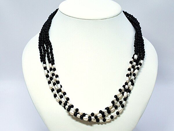 ネックレス Silver 925 モノクローム パール調 四連 ビーズ モダン シック ジュエリー/ブラック×ホワイト×シルバー/訳有/1円スタート/AY拍卖