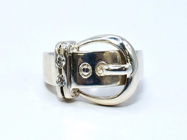 指輪 リング 925 Silver ストーン ベルト バックル デザイン カジュアル ジュエリー/シルバー×クリア/6号/訳有/1円スタート/AY拍卖