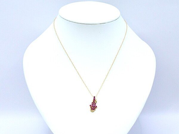 ペンダント ネックレス 首飾り GTR K10 金 フラワー モチーフ カラーストーン エレガント ジュエリー/ゴールド×マゼンタ/1円スタート/AY拍卖