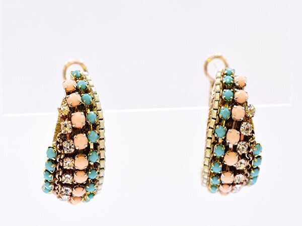 ピアス 耳飾り フープ バネ式 キャッチレス ラインストーン ヴィンテージ ジュエリー /ゴールド×マルチカラー/1円スタート/AY拍卖