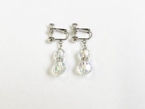 イヤリング SILVER ストーン ビジュー 大粒 ダブル ラウンド デザイン オーロラ スイング ネジバネ式/シルバー×クリア/1円スタート/AY拍卖
