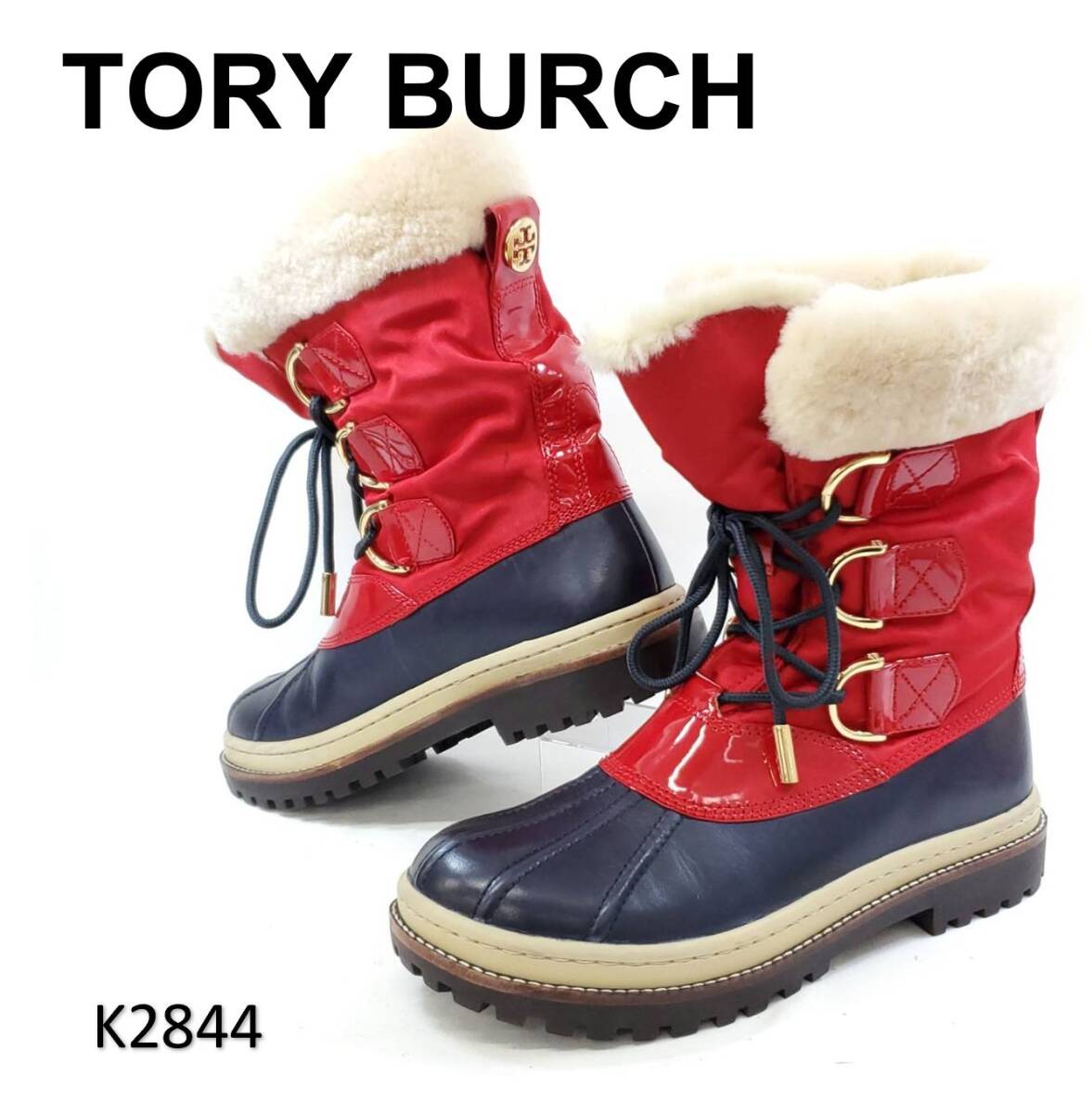 トリーバーチ 美品 スノーブーツ ダブルTロゴ 金具 レザー エナメル 本革拍卖