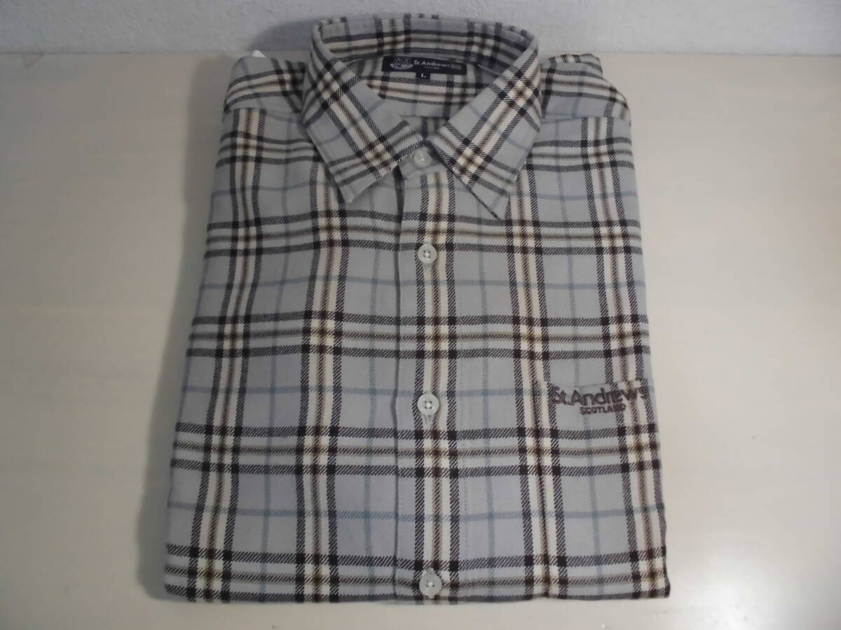 【新品】St.Andrews セントアンドリュース カシミア混 長袖シャツ Lサイズ メンズ チェック グレー 紳士 no250907拍卖