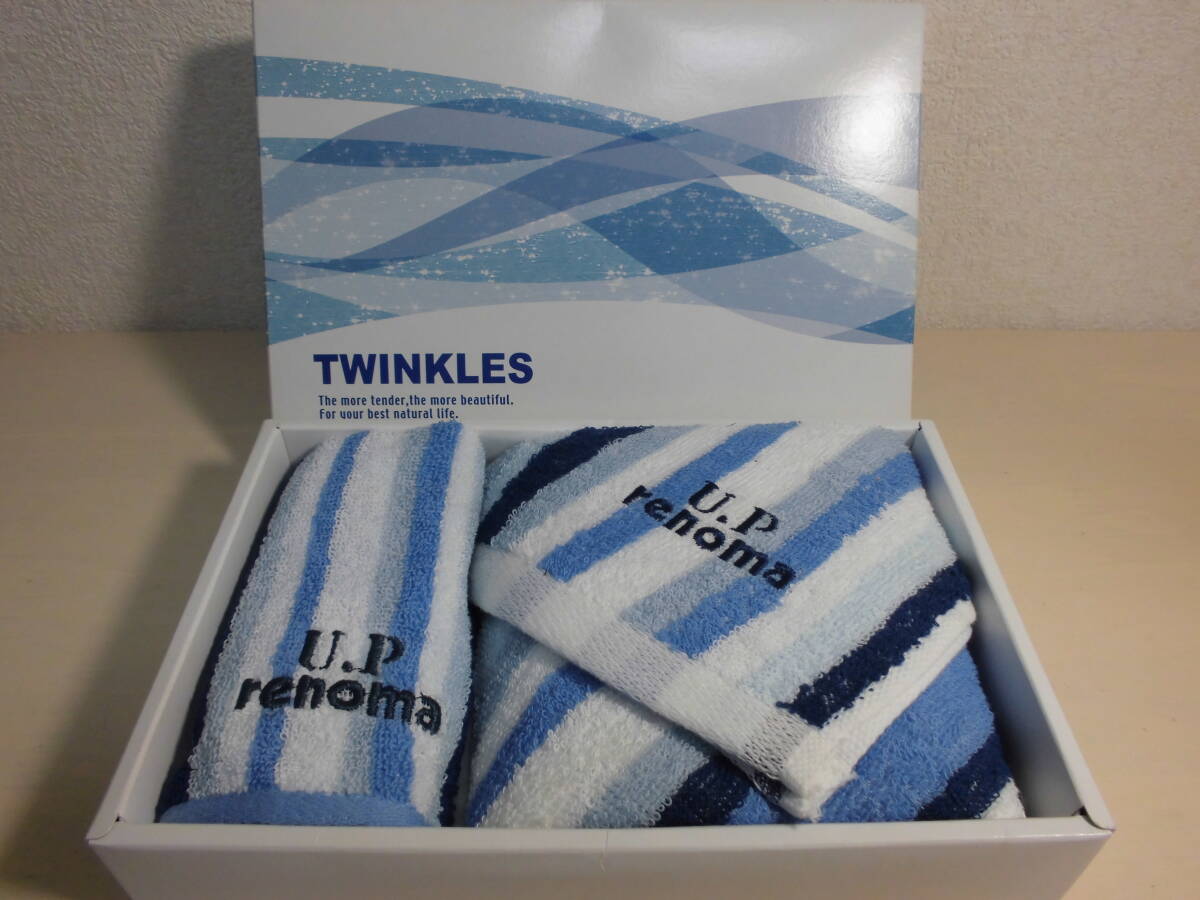 送料185円~ U.P renoma レノマ タオルセット フェイスタオル タオルハンカチ ロゴ刺繍 ブルー no251005拍卖