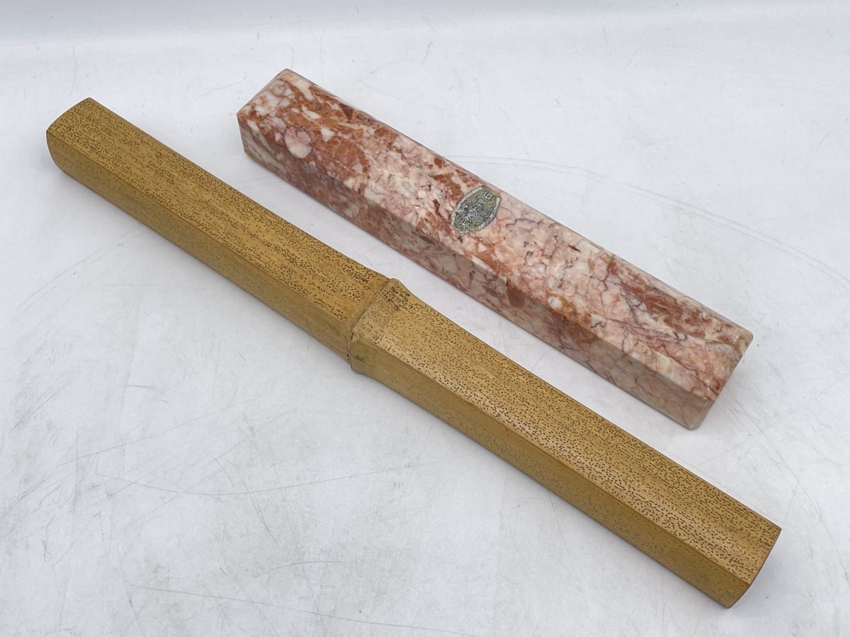 京銘竹 ぶんちん 京都 龍枝堂 特選/天然大理石 文鎮2点まとめ 30×2.6×H3cm/21×3.2×H3cm 伝統工芸 書道 ペーパーウエイト 文鎮(11686)拍卖