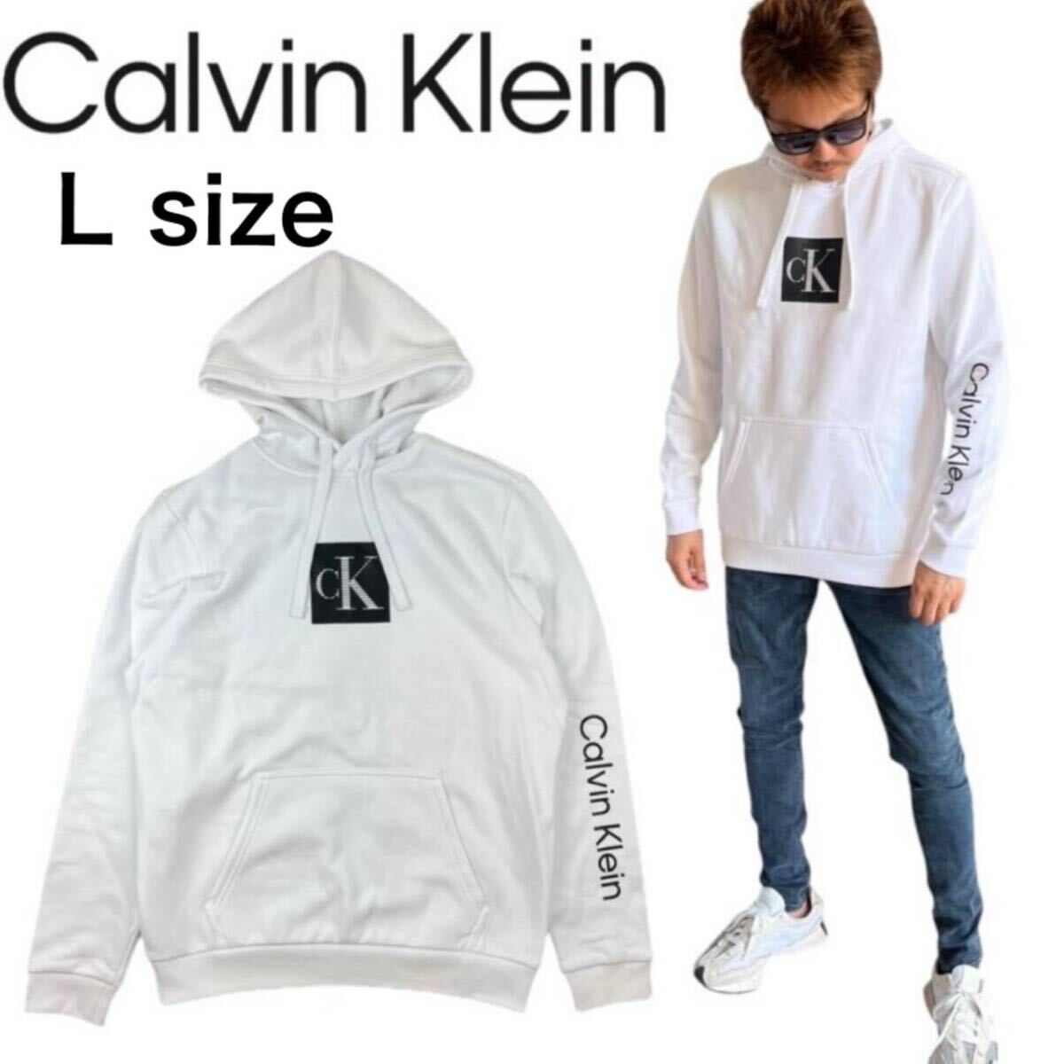 カルバンクライン パーカー 40QC401 スウェット ホワイト Lサイズ プリントロゴ 裏起毛 CALVIN KLEIN TRAVELING MONOGRAM HW 新品拍卖