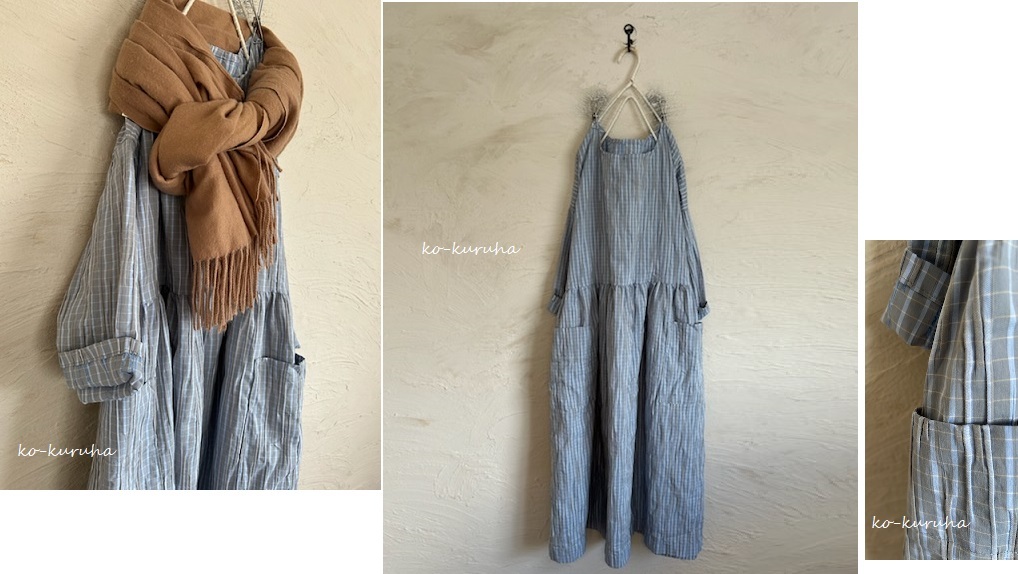 ハンドメイド::先染めタックトビーチェック。切替ギャザーOP拍卖