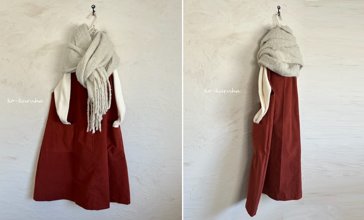 ハンドメイド::起毛コットンレンガ。VネックノースリーブOP拍卖