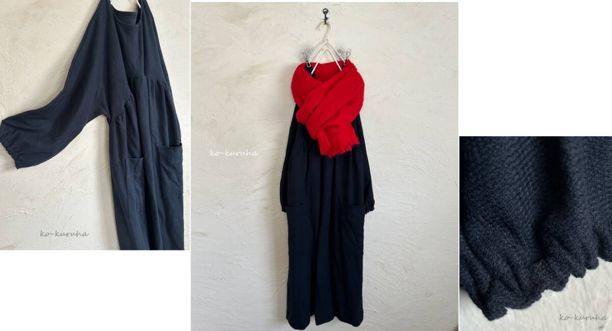 ハンドメイド::上質なダブルフェイス編みニットダークネイビー。切替ギャザードルマンOP拍卖