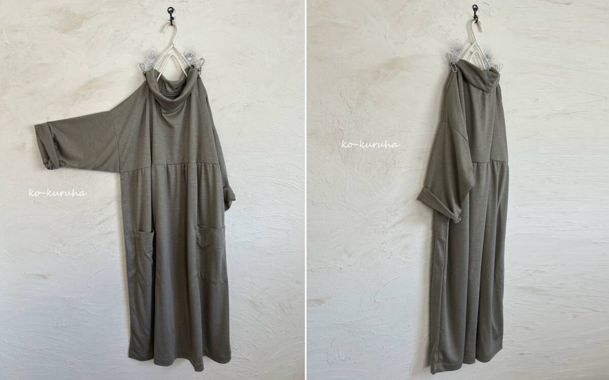 ハンドメイド::ふわっとウール天竺ベージュ。ルーズネック切替ギャザーOP拍卖