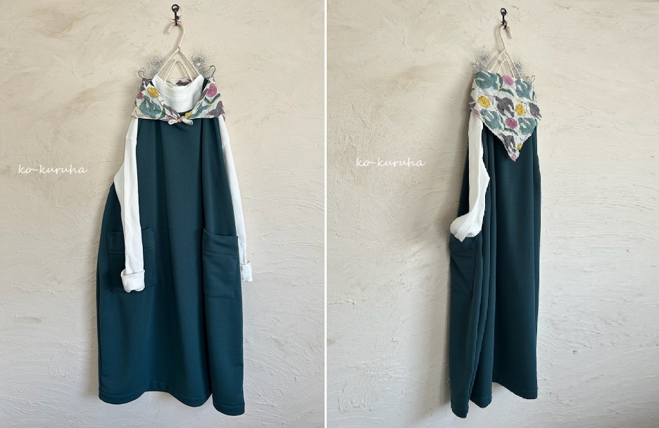 ハンドメイド::渋グリーン裏毛ニット。ノースリーブOP拍卖