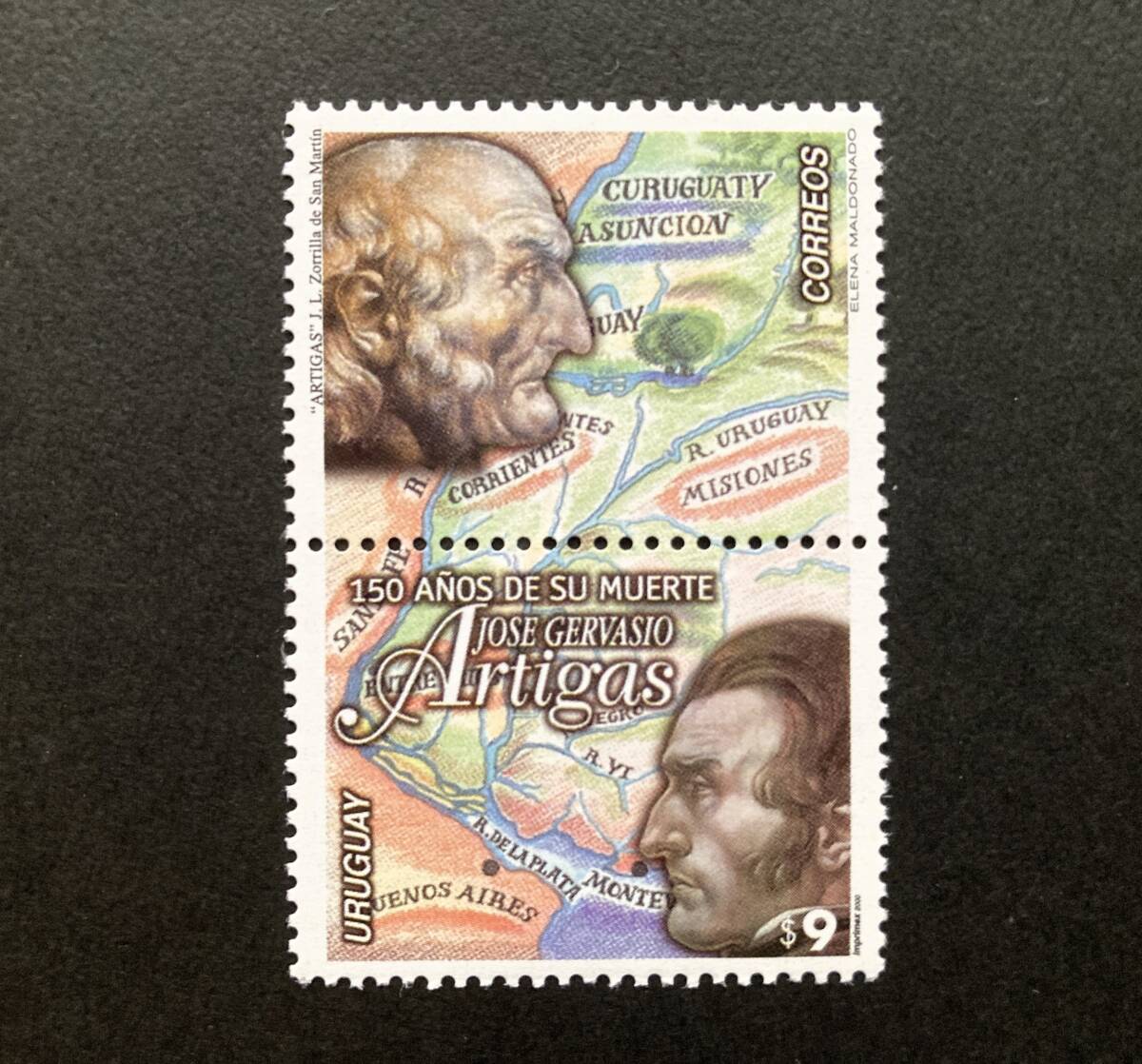 外国切手: ウルグアイ切手 「(独立指導者)ホセ・ヘルバシオ・アルティガス没後150年」タブ付き 1種完拍卖