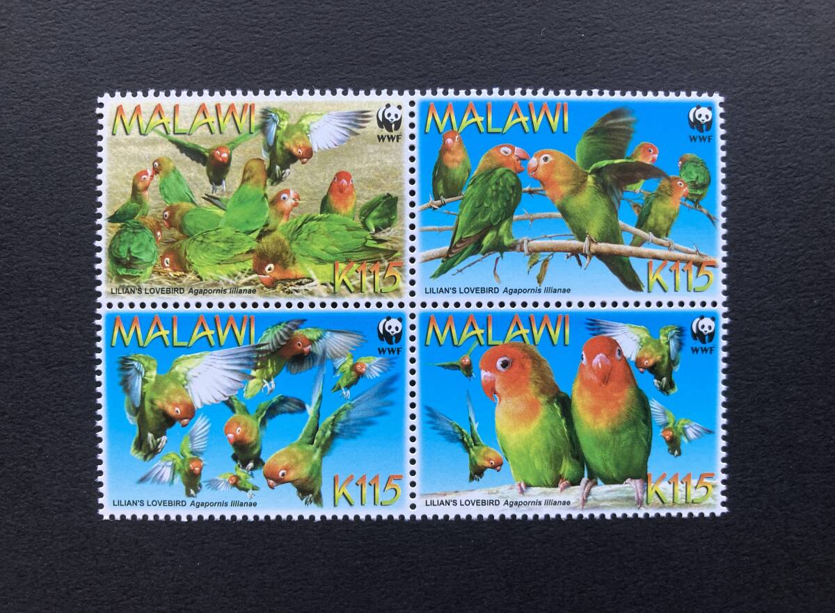 外国切手: マラウイ切手 「WWF(世界自然保護基金)ボタンインコ」 田型連刷 未使用拍卖