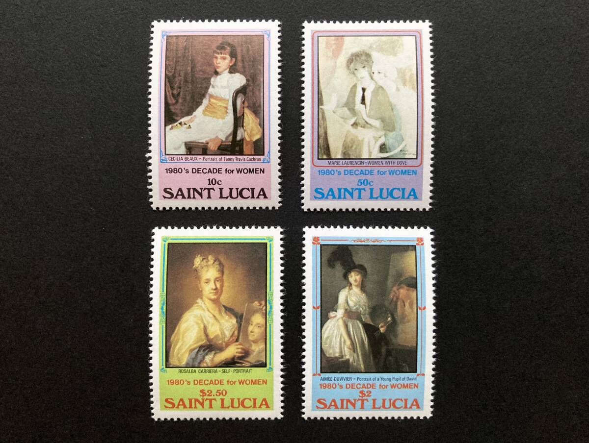 外国切手: セントルシア切手 「女性たちの1980年代」(女性による女性を描いた絵画)4種完 未使用拍卖
