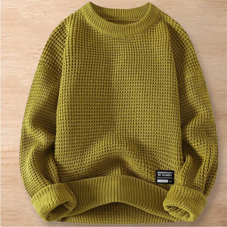 Y201-L イエロー 新品DCKMANY ウール混 ニット セーター プルオーバー ふんわり 編み 長袖 無地 暖かい 防寒 厚手 秋冬 メンズ トップス拍卖