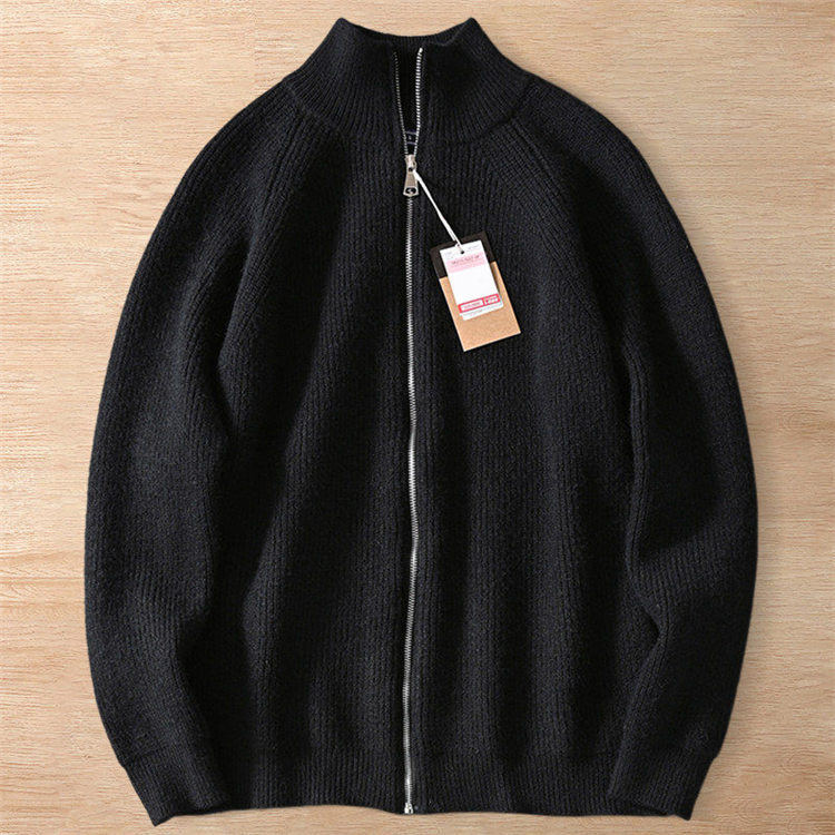 Y6272-XL ブラック 新品 ウール混 セーター カーディガン 柔らか 暖かさ 秋冬 厚手 ニット ジャケット ジップアップ メンズ アウター拍卖