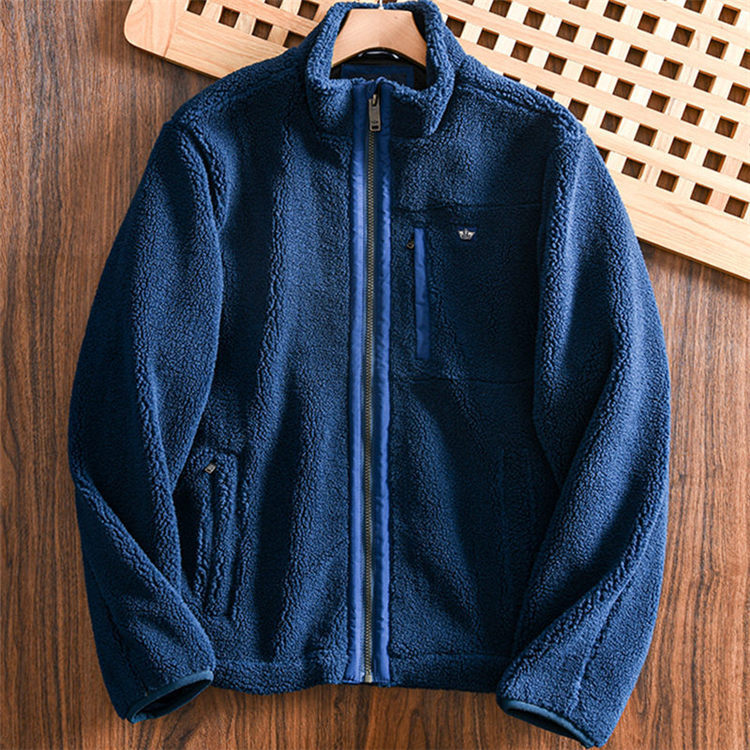 Y826-M ネイビー 新品 ゆる感 フリースジャケット アウトドア風 厚手 防寒 保暖 秋冬 裏ボア スタンドカラー アウター メンズ トップス拍卖