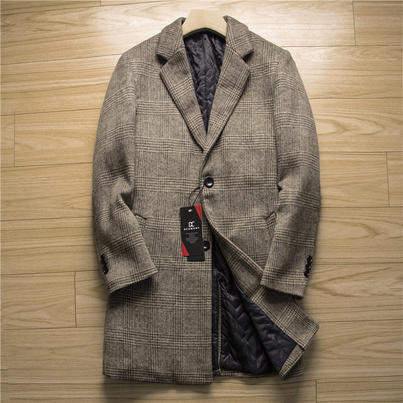 Y675-XL カーキ 新品DCKMANY ウール混 テーラードコート チェスターコート 中綿 ボタン チェック柄 厚手 防寒 ビジネス 秋冬 アウター拍卖