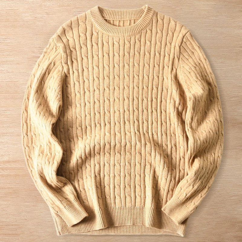 Y6518-3XL カーキ 新品DCKMANY セーター ウール混 ケーブル編み ニット ジャカード ふんわり 暖かい 防寒 秋冬 保暖 クルーネック メンズ拍卖