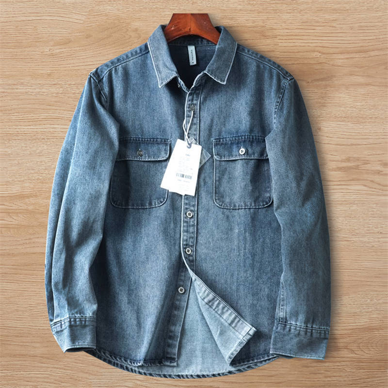 W0300-2XL/灰青 快適なコットン混紡! 新品 メンズ 綿混 長袖シャツ ヴィンテージ デニムシャツ 細身 春夏秋 ビジネス カジュアル トップス拍卖