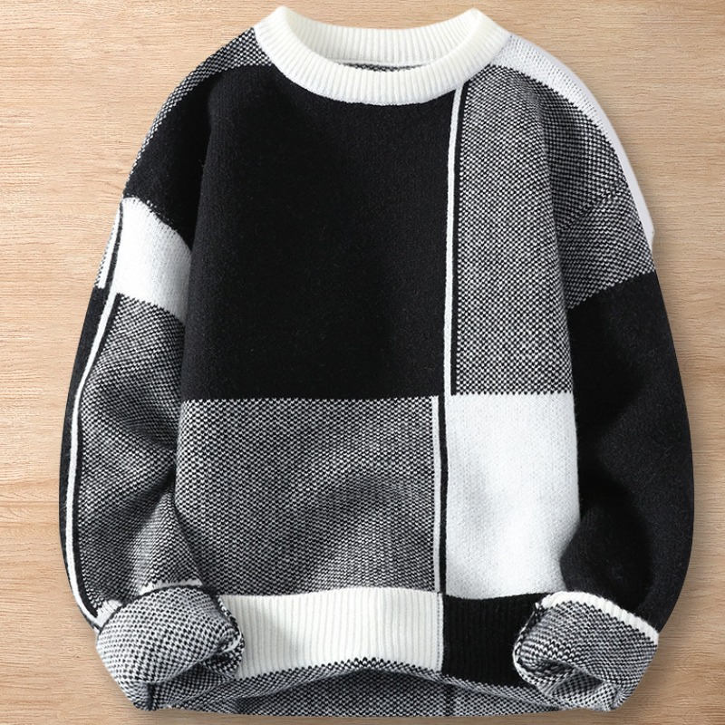 Y214-XL ブラック 新品DCKMANY ウール混 ニット セーター バイカラー切り替え クルーネック 暖かい 防寒 秋冬 メンズ カジュアル トップス拍卖