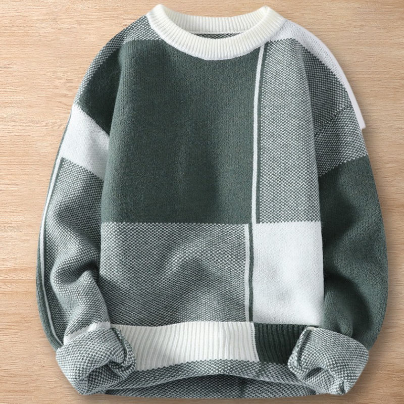 Y216-2XL グリーン 新品DCKMANY ウール混 ニット セーター バイカラー切り替え クルーネック 暖かい 防寒 秋冬 メンズ カジュアル トップス拍卖