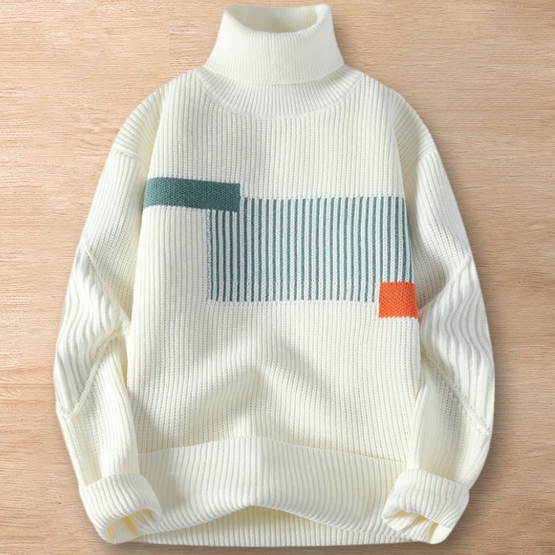 Y218-L ホワイト 新品DCKMANY ウール混 ニット セーター リブ編み タートルネック 暖かい 長袖 防寒 秋冬 メンズ カジュアル トップス拍卖