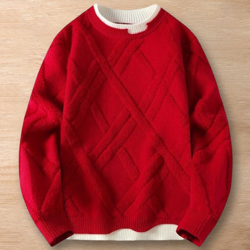 Y228-XL レッド 新品DCKMANY ウール混 ニット セーター 立体編みデザイン レイヤード 暖かい 長袖 防寒 冬 メンズ プルオーバー トップス拍卖