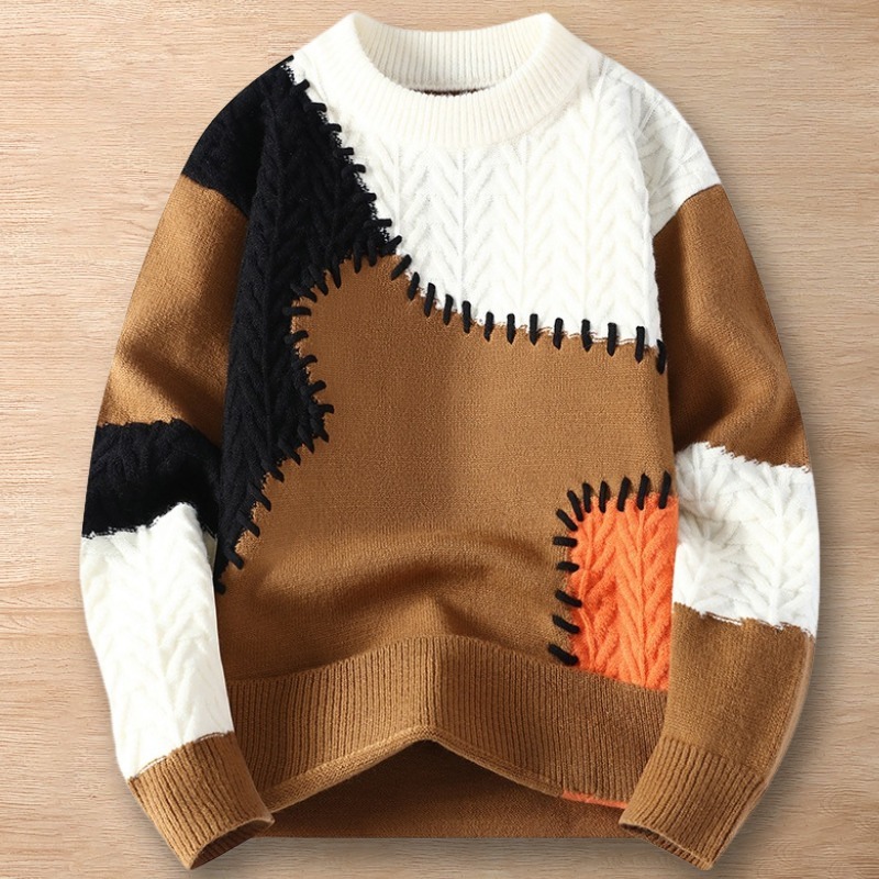 Y231-XL カーキ 新品DCKMANY ウール混 配色切り替えニット セーター ケーブル編み 暖かい 長袖 防寒 冬 メンズ プルオーバー トップス拍卖