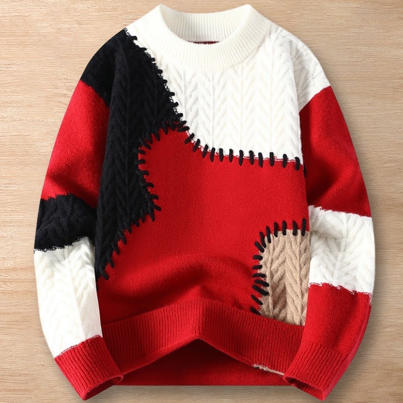 Y232-2XL レッド 新品DCKMANY ウール混 配色切り替えニット セーター ケーブル編み 暖かい 長袖 防寒 冬 メンズ プルオーバー トップス拍卖