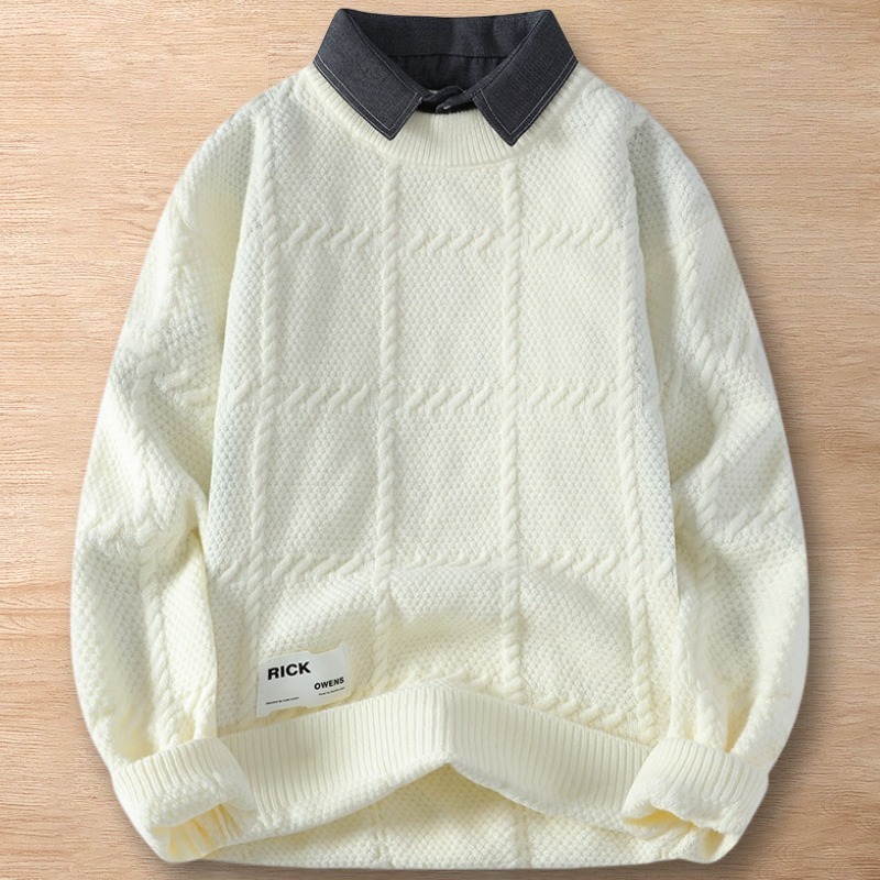 Y233-XL ホワイト 新品DCKMANY ウール混 レイヤード セーター クルーネック プルオーバー ニット 編み 暖かい 長袖 厚手 メンズ トップス拍卖