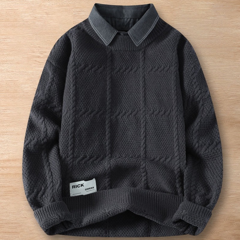 Y235-XL ダークグレー 新品DCKMANY ウール混 レイヤード セーター クルーネック プルオーバー ニット 編み 防寒 長袖 厚手 メンズ トップス拍卖