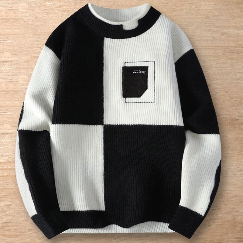 Y237-2XL ホワイト 新品DCKMANY ウール混 レイヤード セーター クルーネック プルオーバー 配色切り替えニット 防寒 厚手 メンズ トップス拍卖