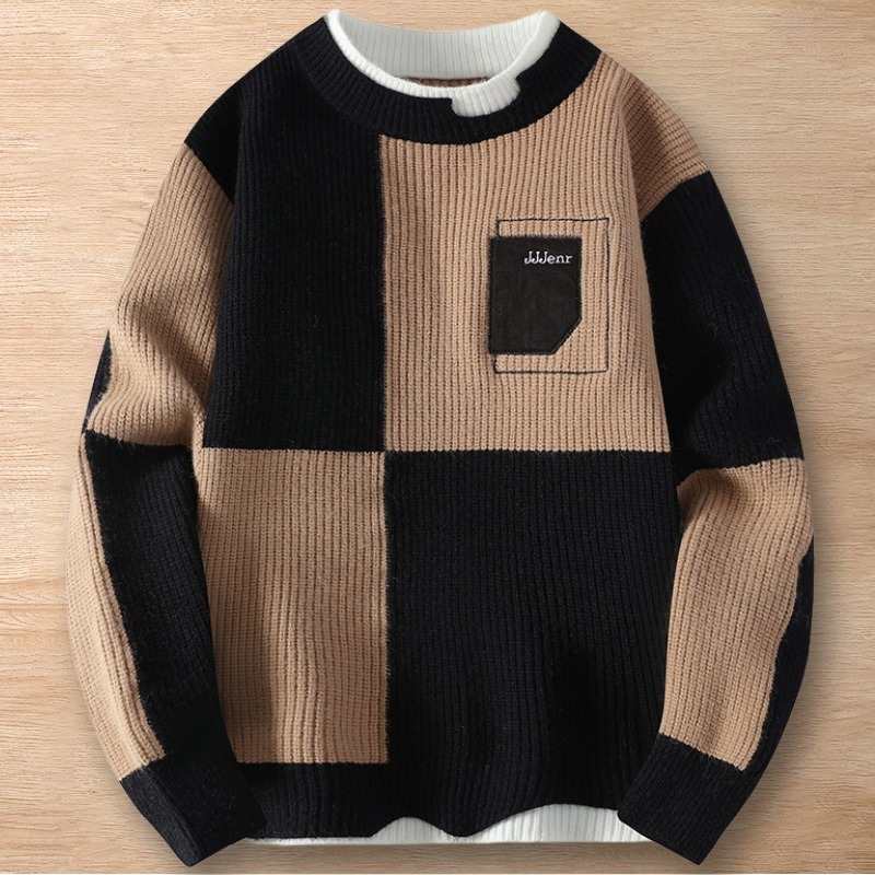 Y238-XL ブラック 新品DCKMANY ウール混 レイヤード セーター クルーネック プルオーバー 配色切り替えニット 防寒 厚手 メンズ トップス拍卖